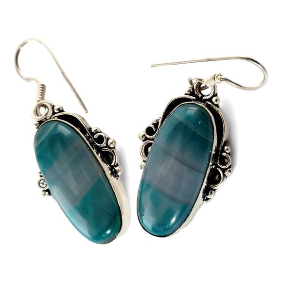 Sterling Silver Teardrop Earrings with Striated Blue Gemstone - Picture 2 of 16